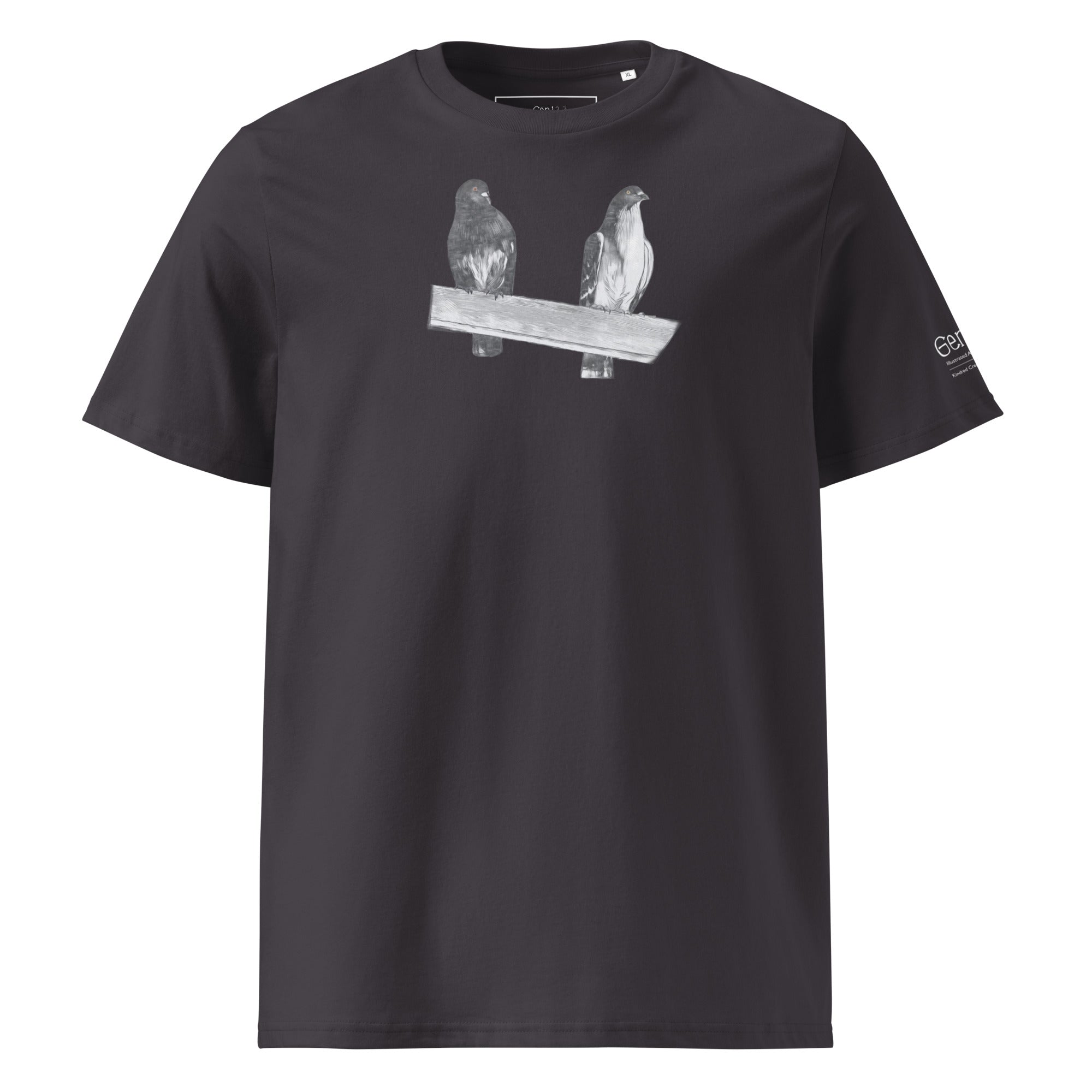 A dark grey tee by Gen122 with vintage sketch of 2 birds on a perch