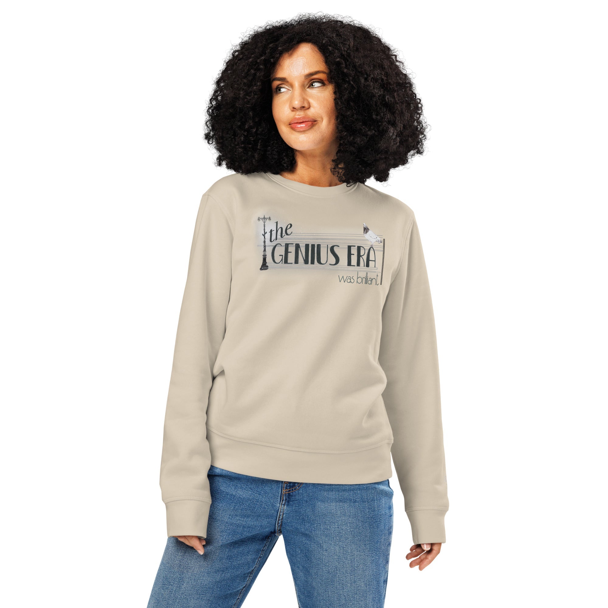 Woman wears Teslas Pigeons: The Genius Era sweatshirt by Gen122 in tan color