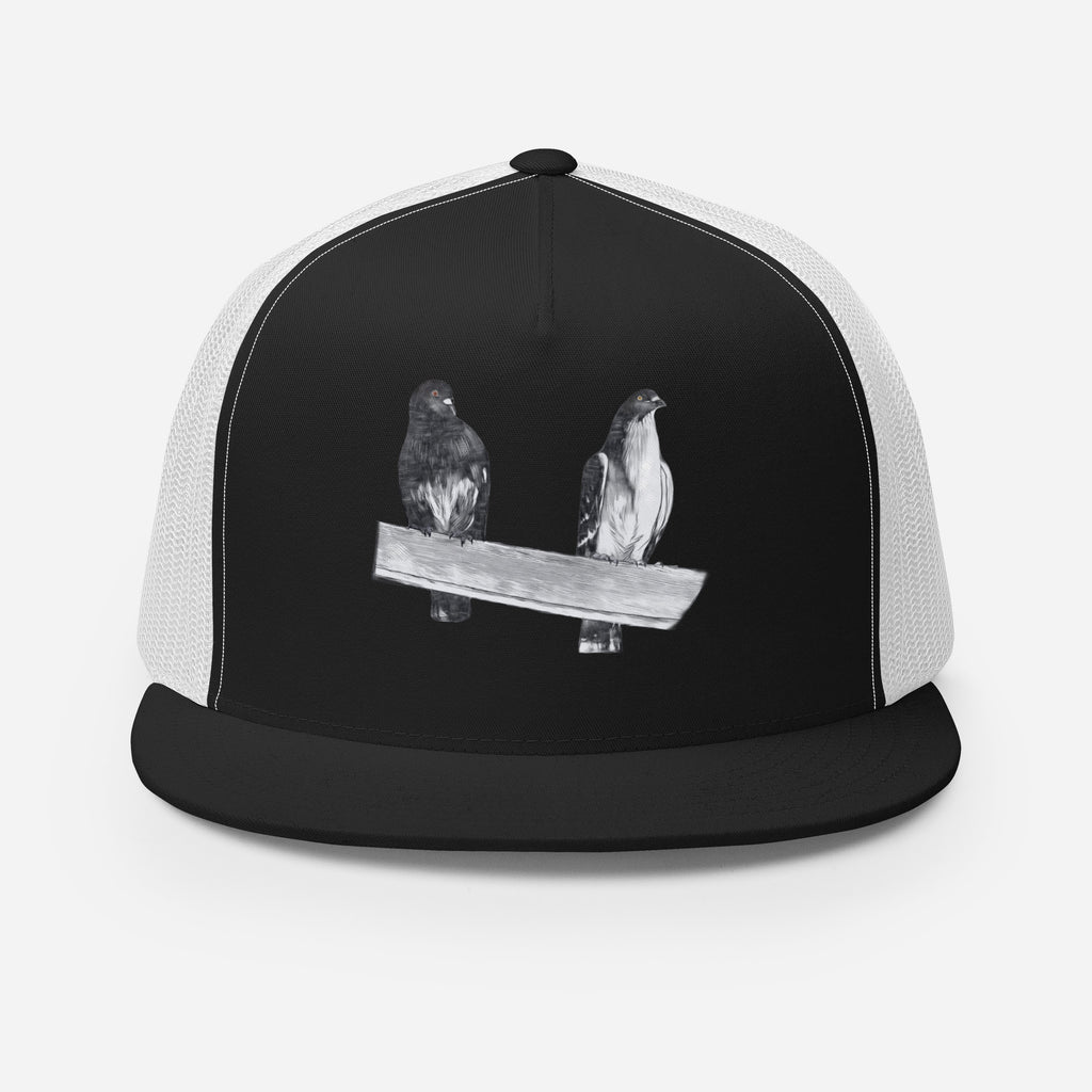 Black and white Gen122 CopyThat Trucker Hat with Samson and Sally pigeon pair artwork