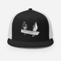 Black and white Gen122 CopyThat Trucker Hat with Samson and Sally pigeon pair artwork