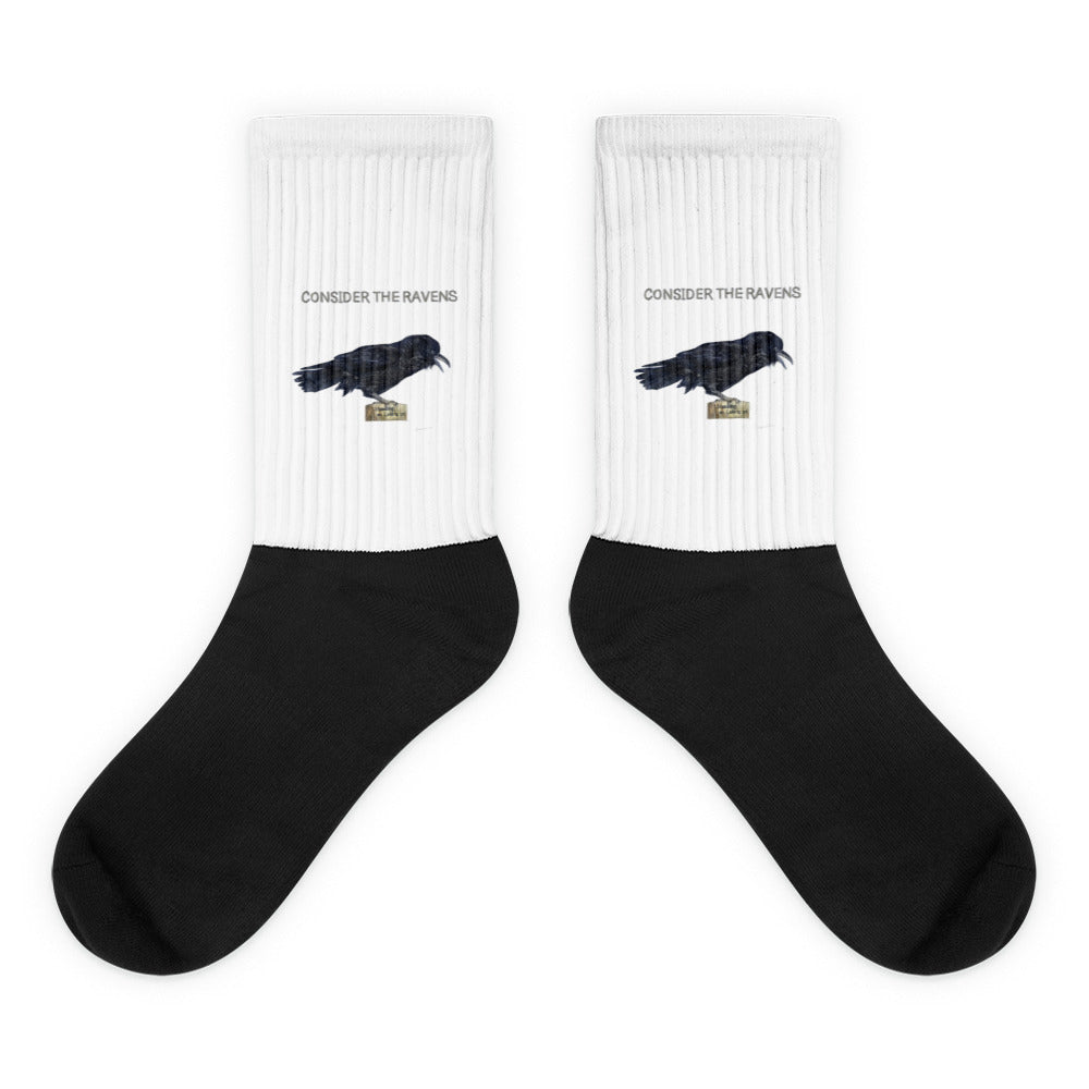 Flat lay of black Black Footed Socks by Gen122 featuring Consider Ravens corvid artwork