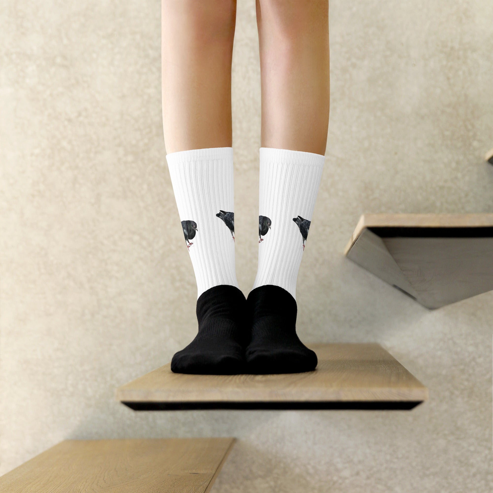 Front view of black Black Footed Socks by Gen122 featuring Handsome black pigeon portrait artwork