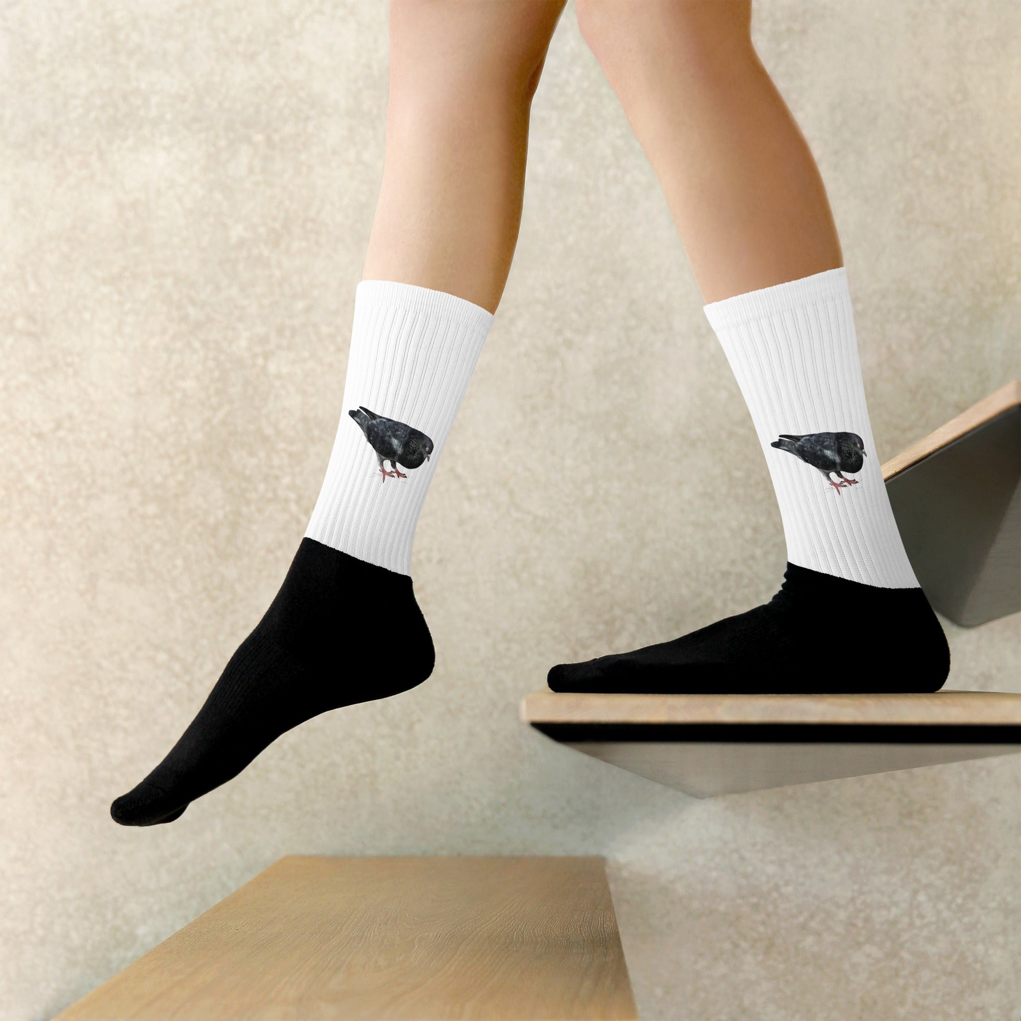 Side view of black Black Footed Socks by Gen122 featuring Handsome black pigeon portrait artwork