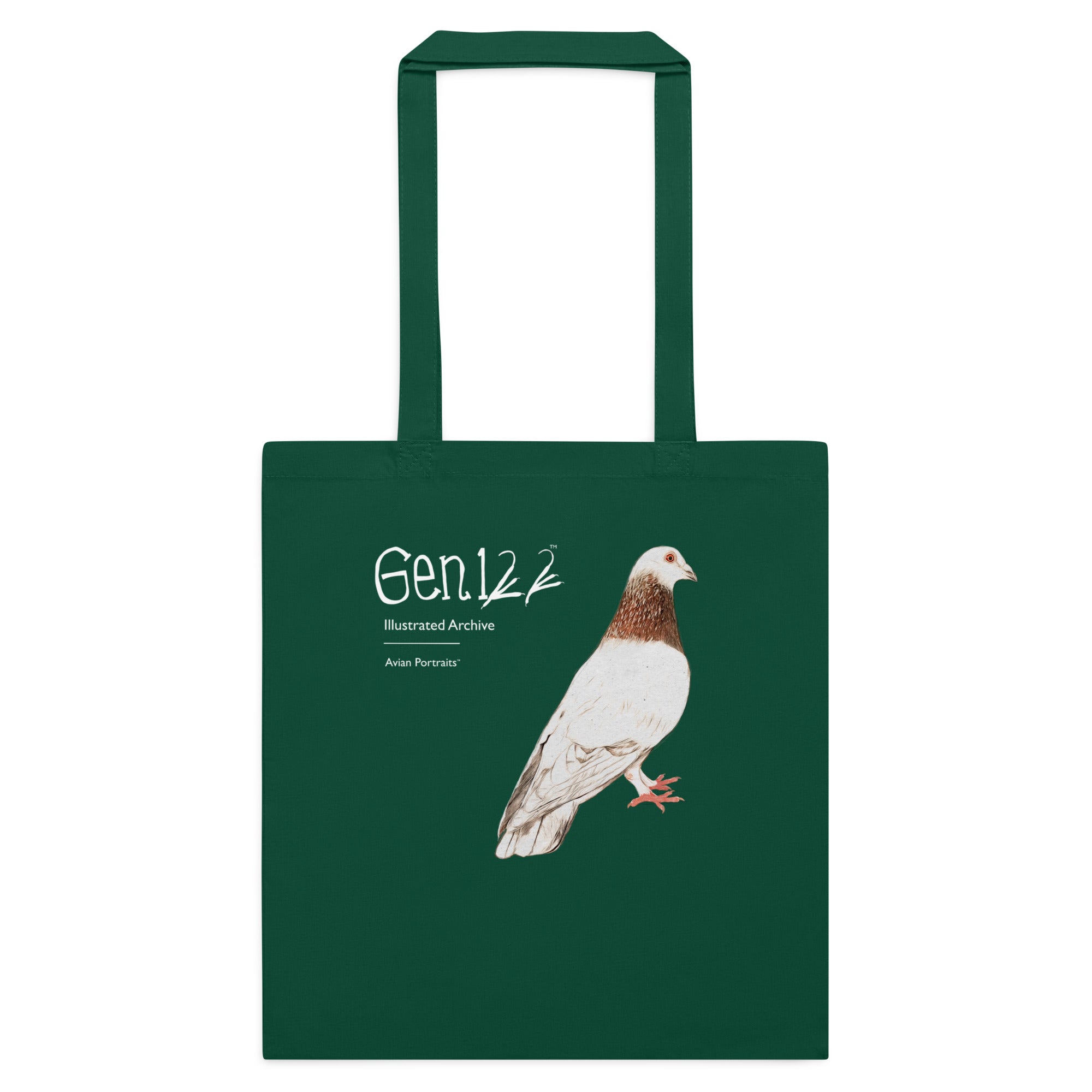 Front view of bottle green Cotton Tote Bag by Gen122 featuring So Proper pigeon portrait artwork