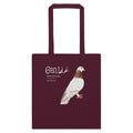 Front view of burgundy Cotton Tote Bag by Gen122 featuring So Proper pigeon portrait artwork