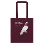 Front view of burgundy Cotton Tote Bag by Gen122 featuring So Proper pigeon portrait artwork