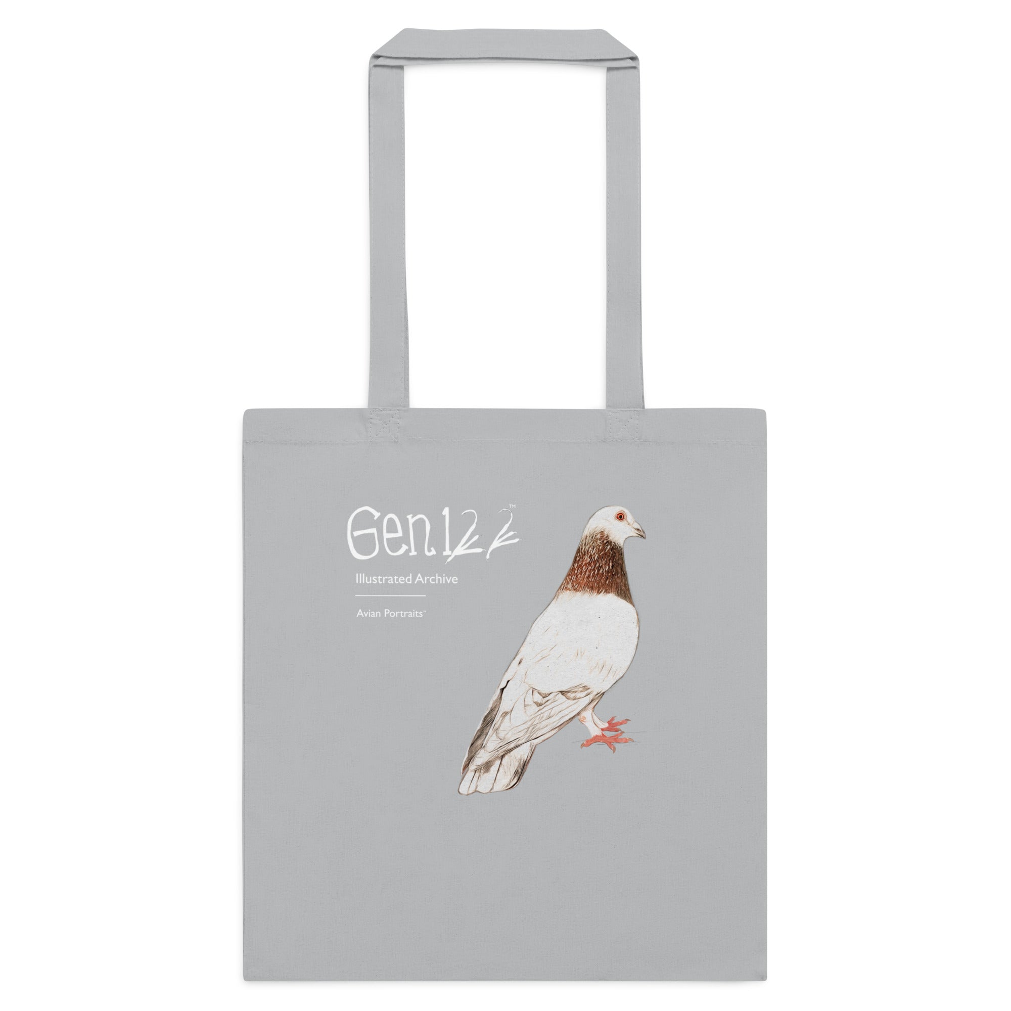 Front view of light grey Cotton Tote Bag by Gen122 featuring So Proper pigeon portrait artwork