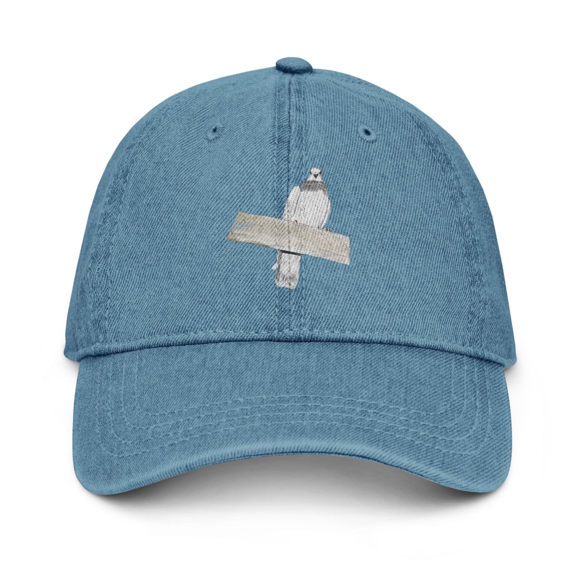 Blue denim Gen XY Archive Cap with The High Perch pigeon artwork