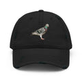 Black distressed Gen XY Archive Cap featuring pigeon artwork