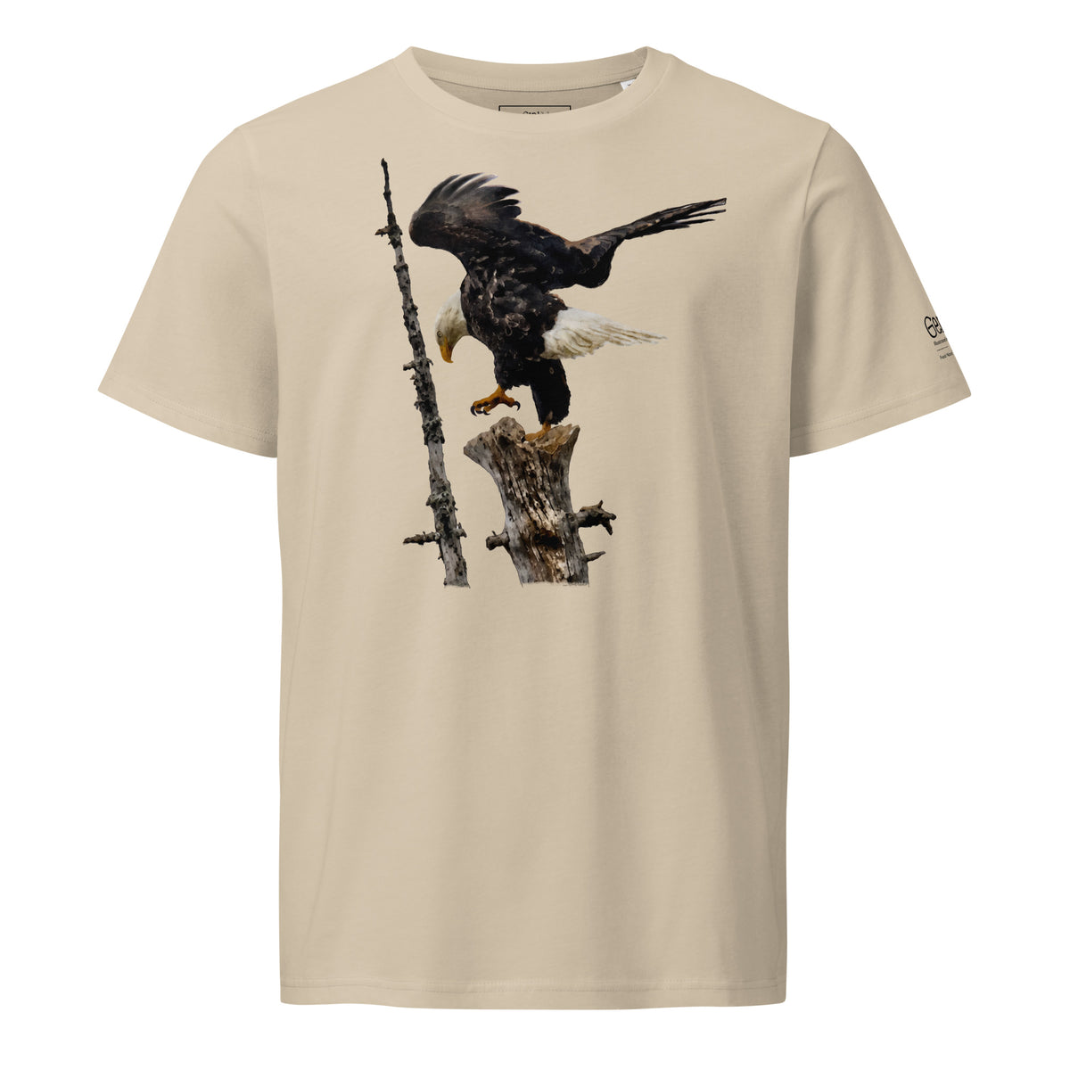 Bald eagle Jackie at Big Bear art by Gen122 based on original photographs taken near Dana Point Park and Captain John’s harbor on an organic cotton edition tee in cream