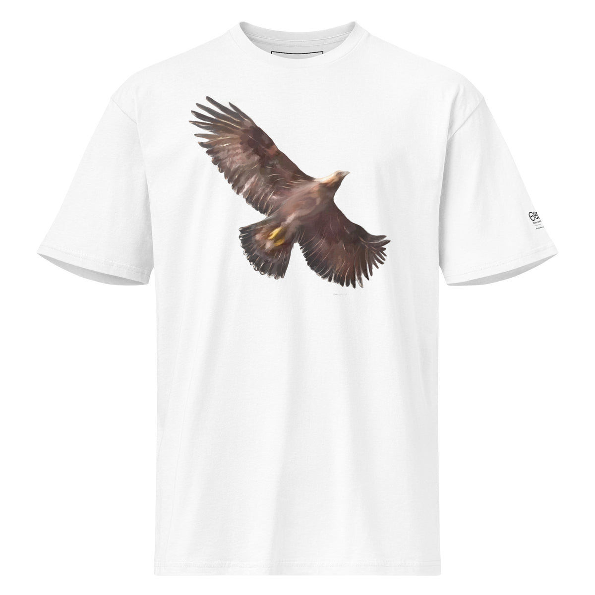 Front view of white Men’s Perfect Tee by Gen122 featuring golden eagle raptor artwork