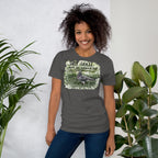Front view of asphalt Uni-Tee by Gen122 featuring Touch Grass pigeon humor artwork