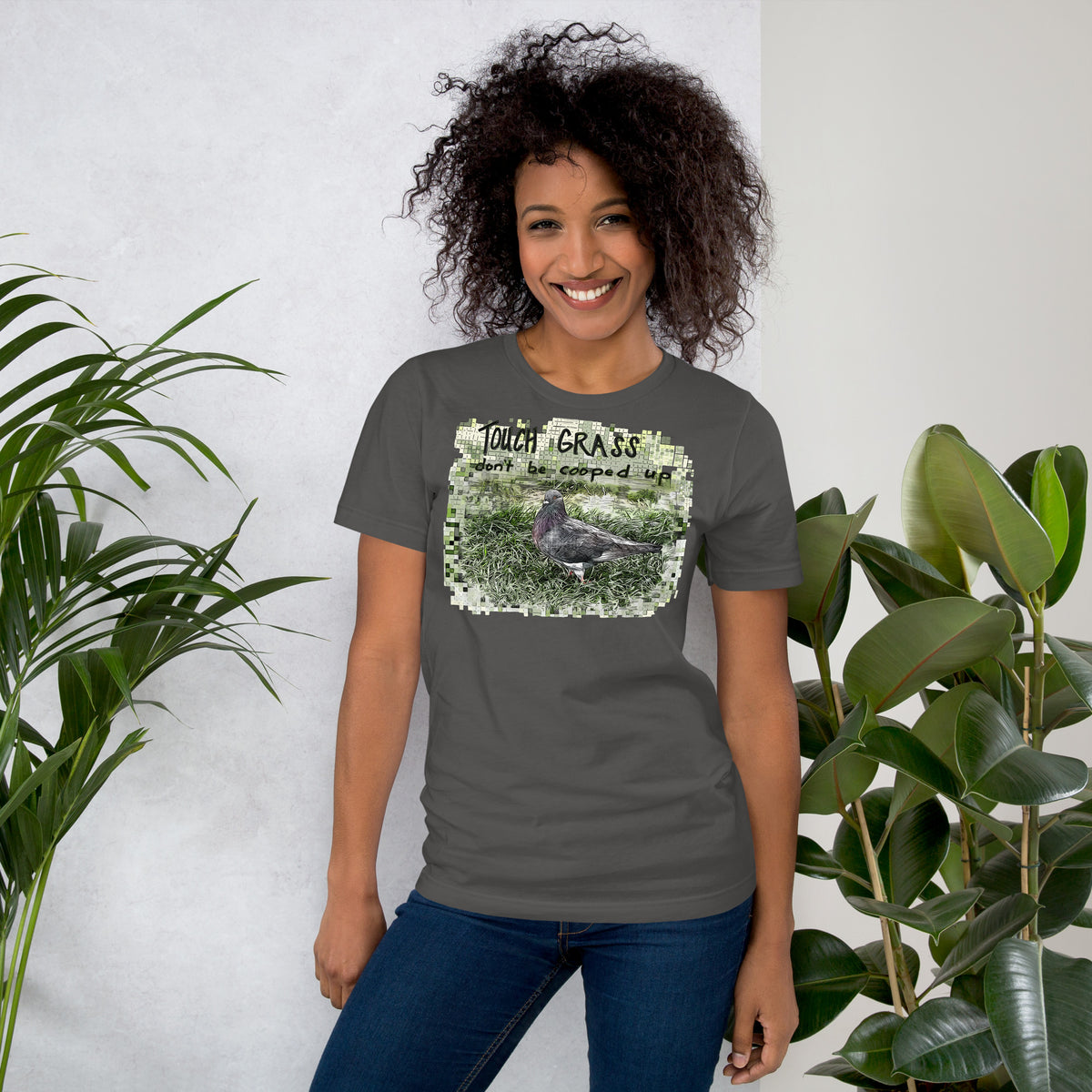 Front view of asphalt Uni-Tee by Gen122 featuring Touch Grass pigeon humor artwork