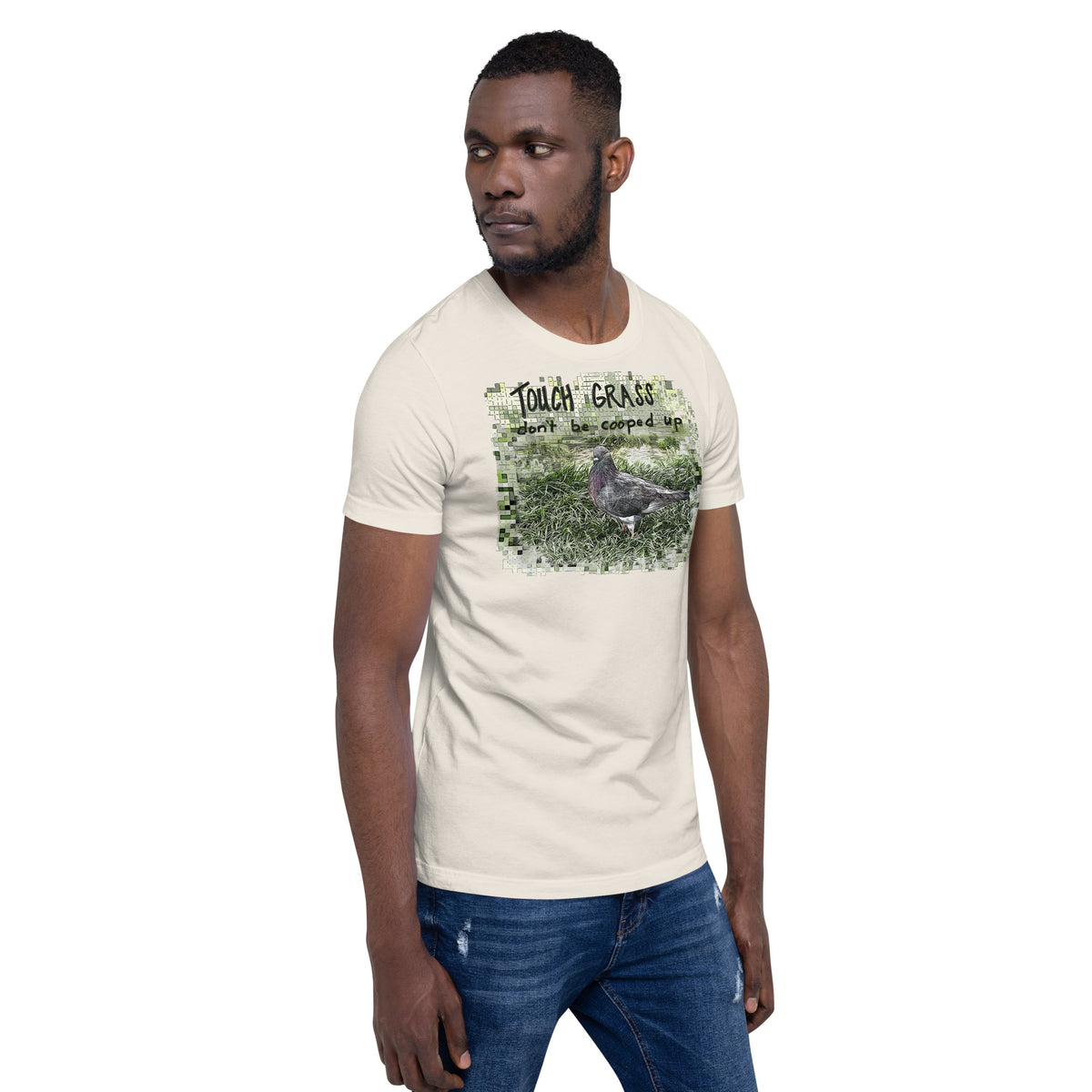 Front view of vintage white Uni-Tee by Gen122 featuring Touch Grass pigeon humor artwork